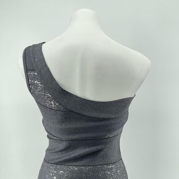 BEBE Women’s Gray Metallic Panel One Shoulder Bandage Bodycon Mini Dress Small - Picture 11 of 17